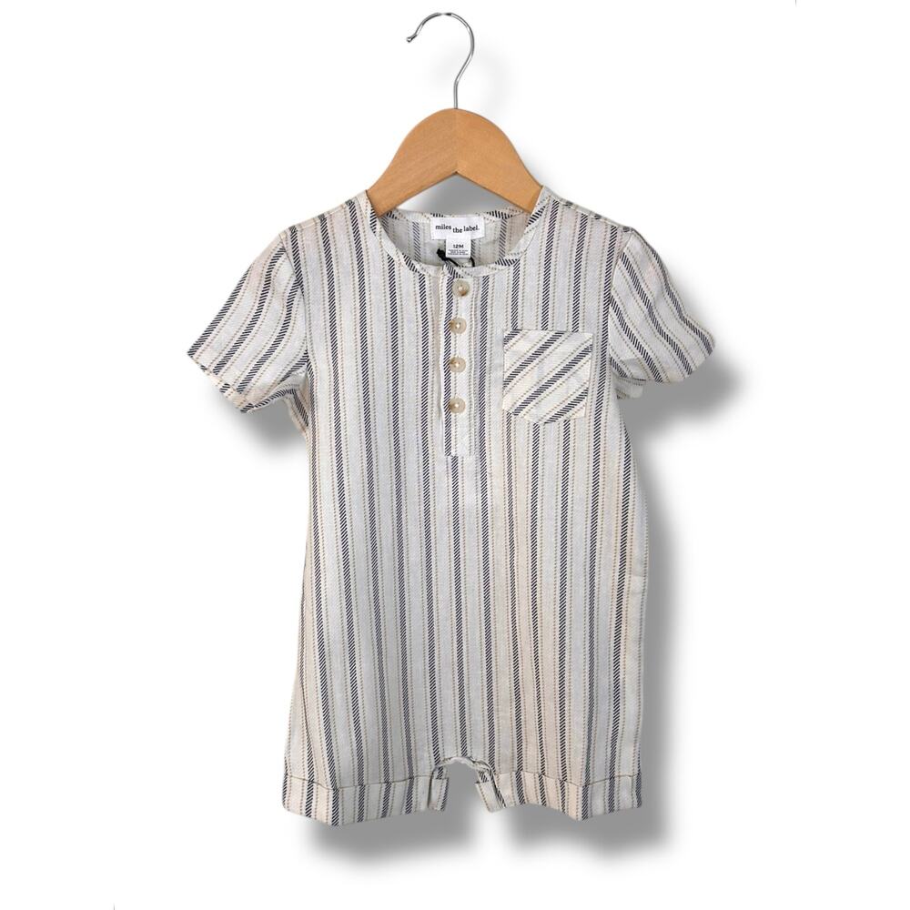 NWT Miles the Label Linen-Blend Henley Romper, 12 Months